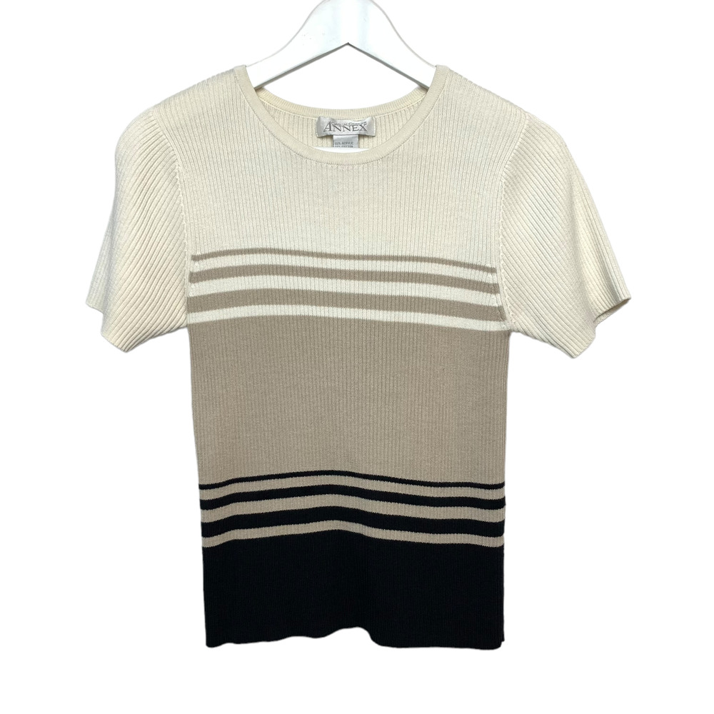 Vintage 90s Casual Corner Neutral Ribbed Baby Tee Short Sleeve Striped Small
